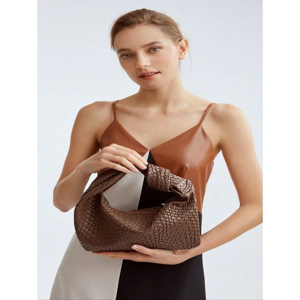 MOTF Premium Vegan Leather Textured Bagette HandBag - Brown Purse - Bow Detail